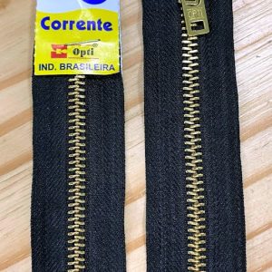 Ziper Metal Grosso Fixo Dourado Poliester Preto 15cm
